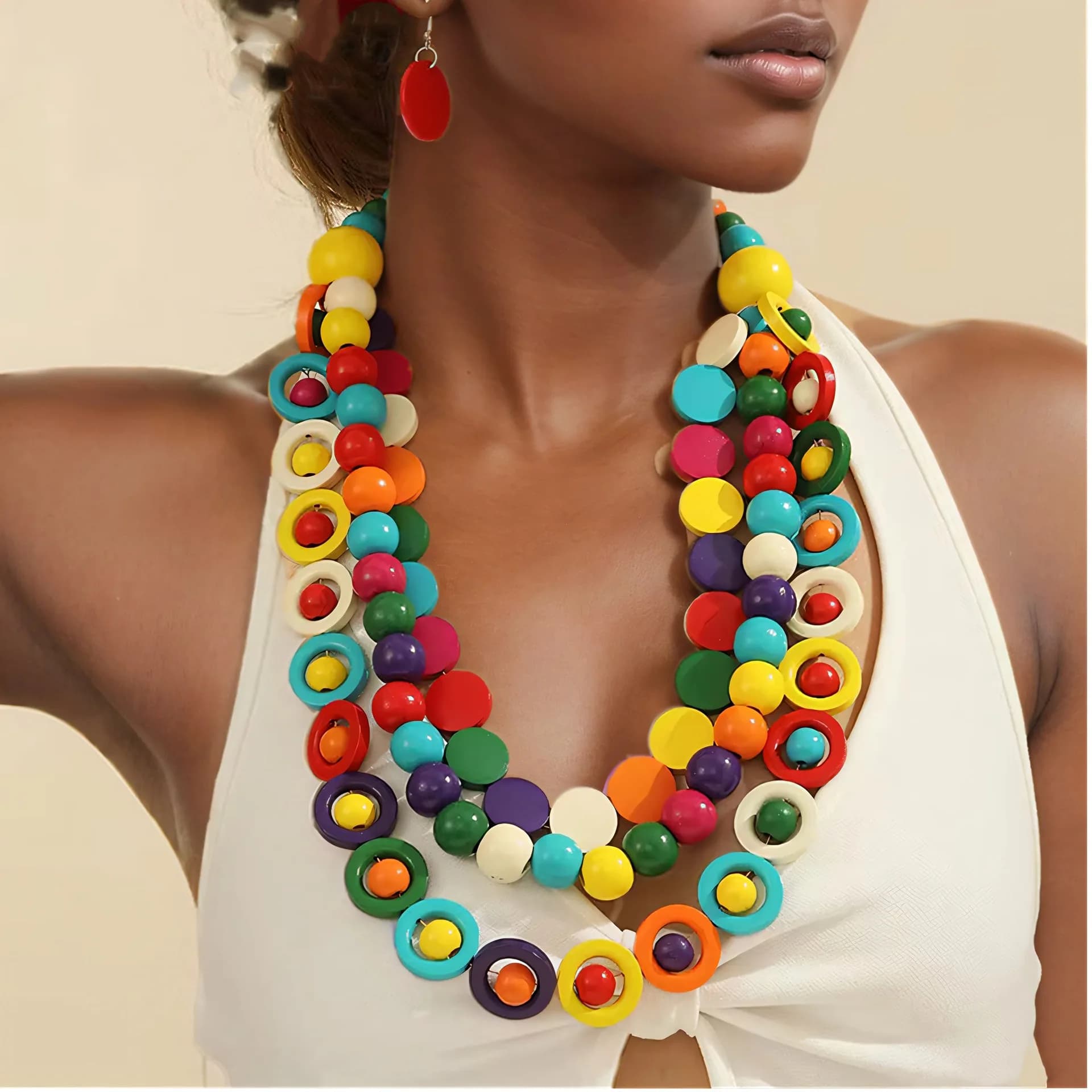 Gioielli africani Perline di legno multistrato Collana con ciondolo a blocchi di legno geometrici Orecchini Set Collana in legno