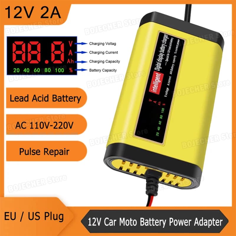 12V Intelligent Pulse Repair Charger with Power Display Power Adapters for Car Motorbike 12V 2A for Lead Battery EU Plug USA