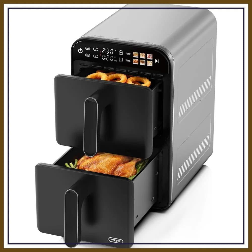 Friggitrice ad Aria a Doppio Cestello 11.6QT, Doppia Friggitrice ad Aria con 2 Ripiani, Touchscreen 6-in-1 con Preimpostazioni, Sincronizzazione e Abbinamento, Lavabile in Lavastoviglie