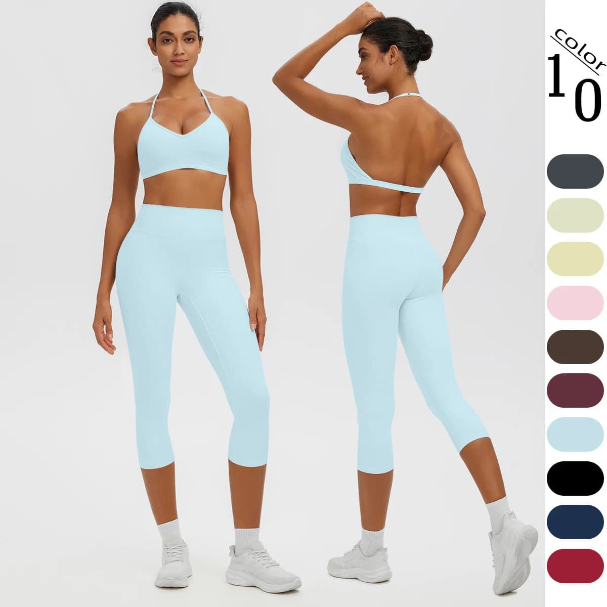 Women's Pants Set Summer High Stretch Capri Pants Sexy Backless Hanging Neck Bra Shock-absorbing Running Yoga Bra with Chest Pad