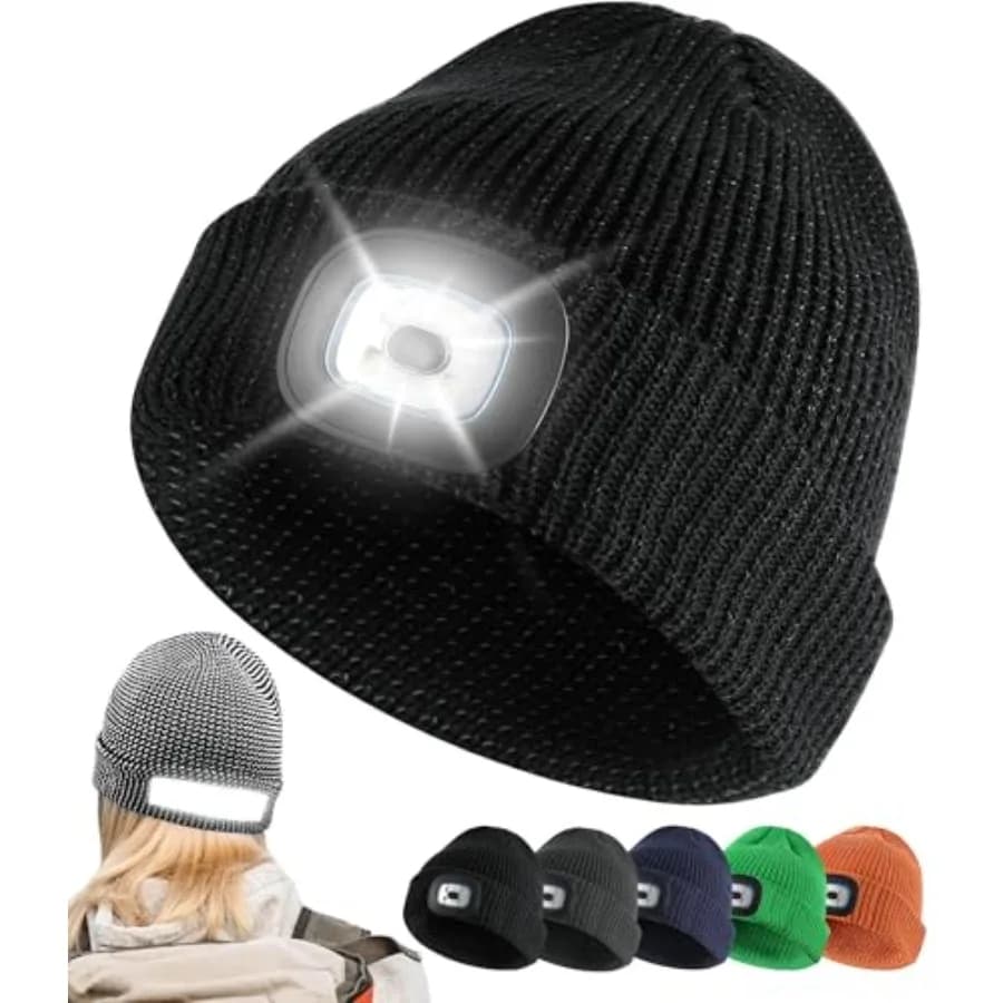 Cappello riflettente a LED ricaricabile per la pesca e l'uso invernale all'aperto, berretto in maglia acrilica blu navy con luce bianca brillante.