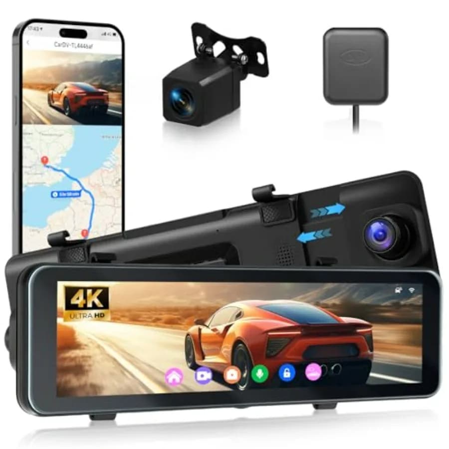 Dash Cam Specchietto Retrovisore 4K Anteriore e Posteriore con Schermo Touch da 10,88 Pollici, GPS, Telecamera Anteriore 4K UHD, Posteriore 1080P, ADAS e Visione Notturna
