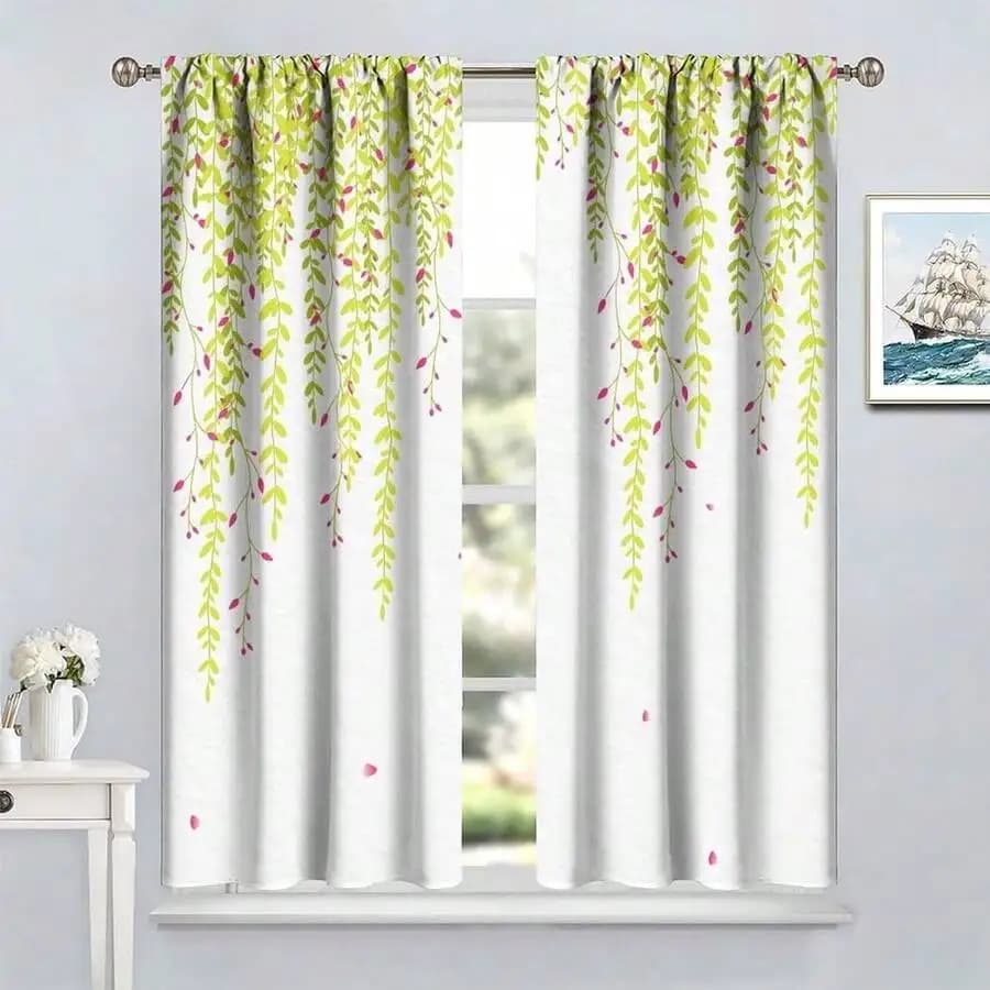 Leaves Print Curtains For Kitchen Living Room Bathroom Window Decor Rod Pocket