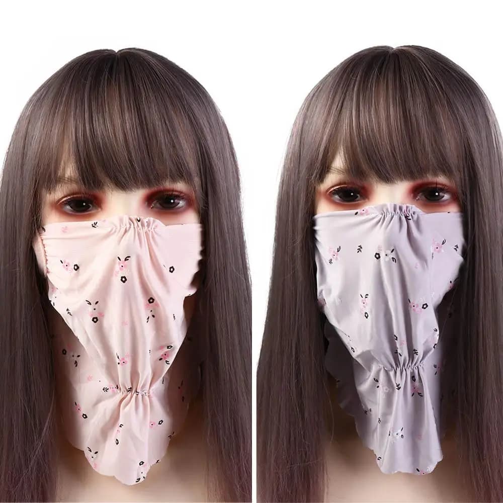 Maschera Estiva in Seta Ghiacciata con Protezione UV, Velo Parasole con Motivo Floreale, Copriviso, Sciarpa per il Viso, Maschera Gini per Donne/Ragazze