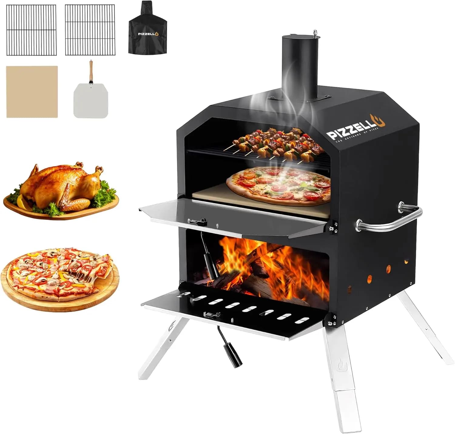 Forno per Pizza a Legna da Esterno da 16 Pollici con 2 Livelli di Cottura, Pietra Refrattaria, Pala, Griglia e Copertura per Campeggio e Barbecue
