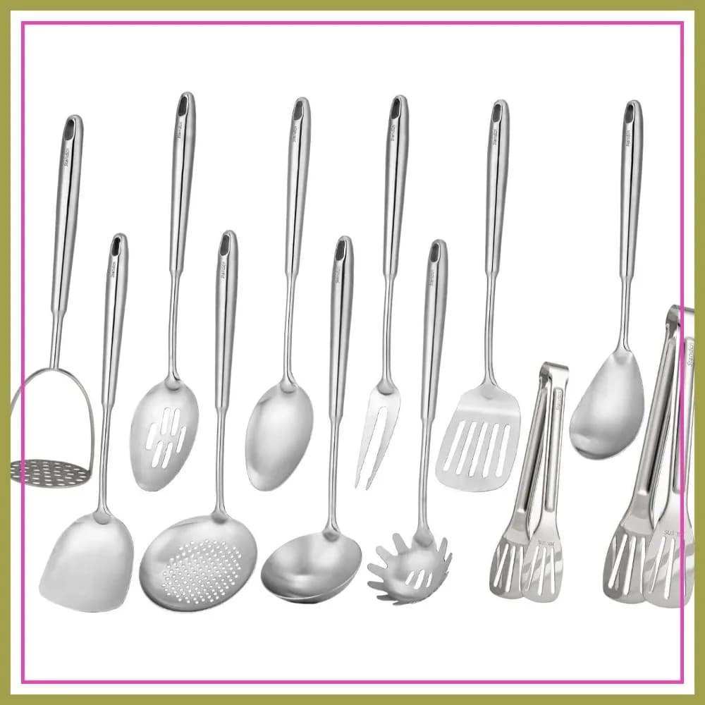 Set di Utensili da Cucina in Acciaio Inox 18/10 - 12 Pezzi di Strumenti per Cucinare e Utensili da Servizio da 38 cm