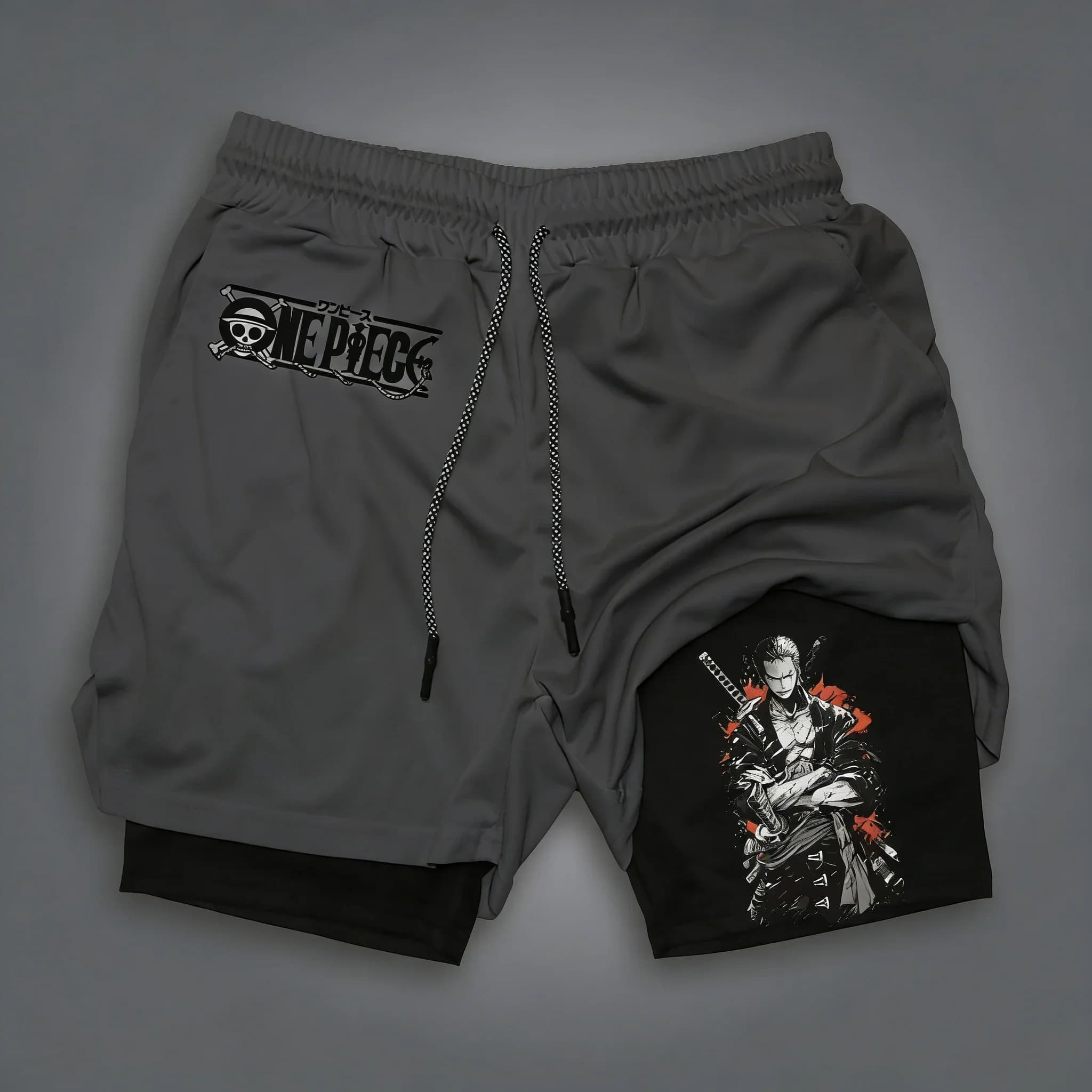 Pantaloncini sportivi ONE PIECE Anime Zoro, unisex, estivi, da tennis, nuoto, traspiranti, ad asciugatura rapida, 2 in 1, a doppio strato