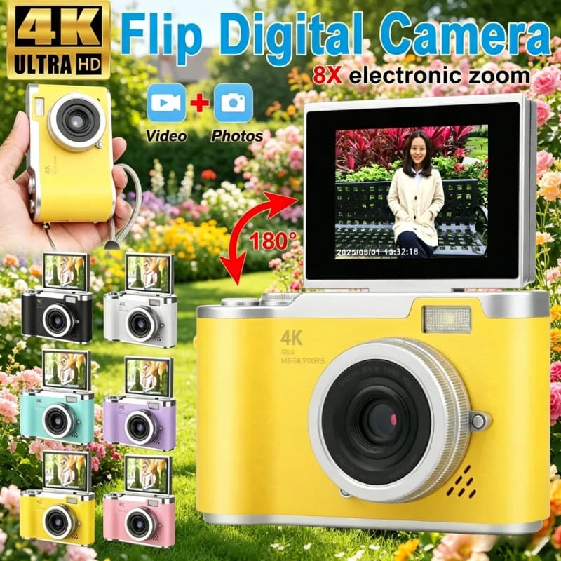 1PC 4K Digital Camera 48MP Resolution 8x Digital Zoom 180° Flip Screen Selfie Camera Student CCD