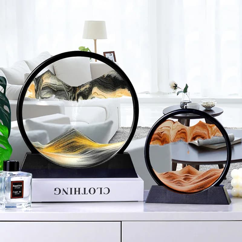 Artistic image with sand moving 3D glass round clessidra deep sea sand landscape in movement 7/12 inch sliding sand frame for home decoration
