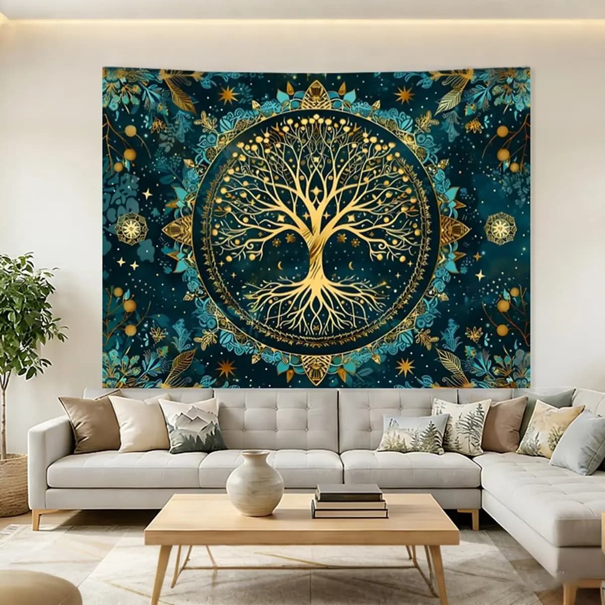 Tree of Life Tapestry, Teal and Gold Spiritual Tree Print Large Wall Hanging for Bedroom Living Room Aesthetic Home Decor