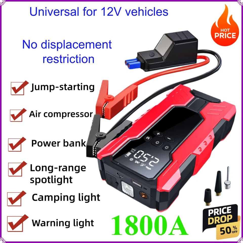 Avviatore di emergenza per auto, gonfiatore e macchina multifunzione 12V per avviamento di emergenza con batteria, dispositivo di avviamento elettrico.