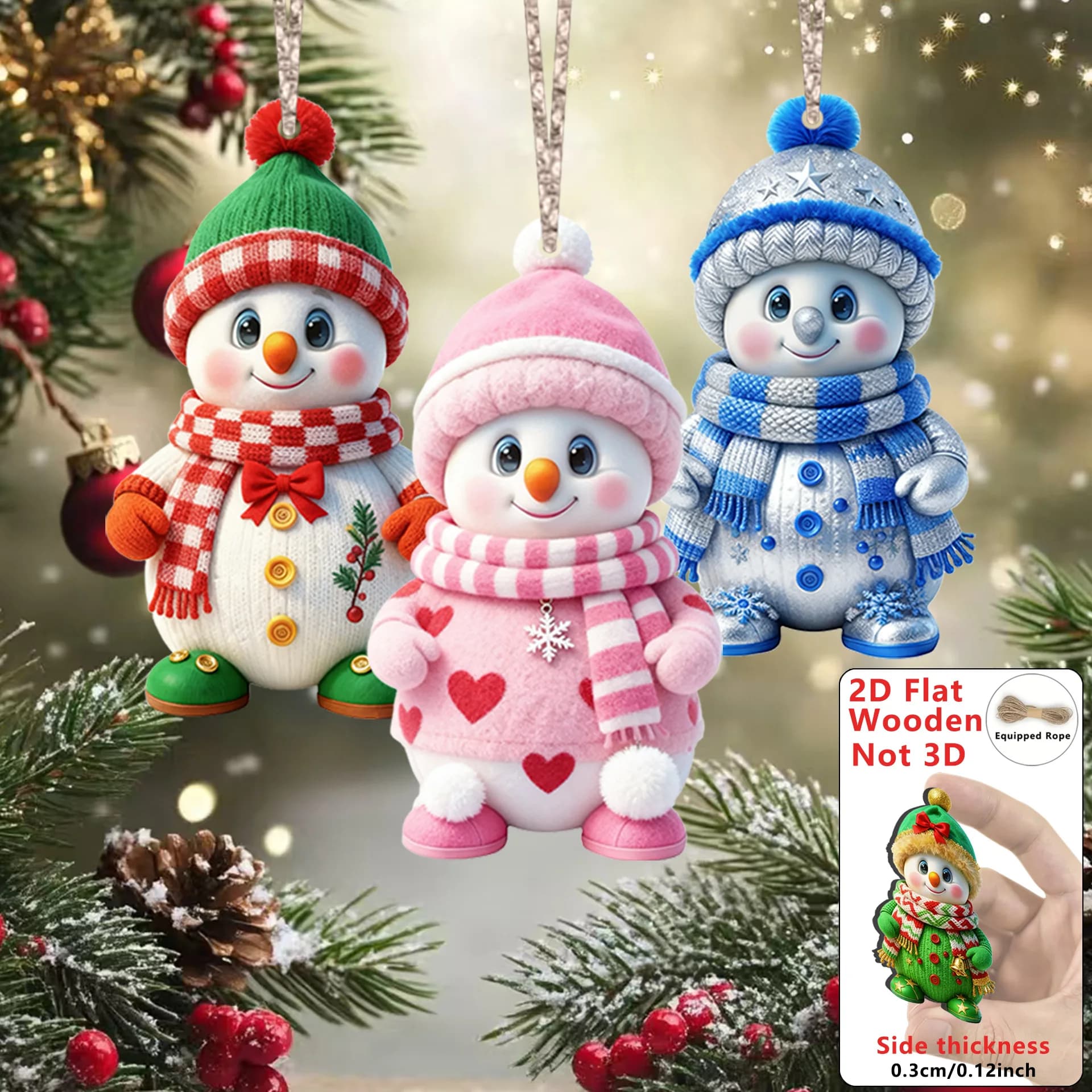 2D Flat 16Pcs Wooden Colorful Snowman Hanging Ornaments Cute Scarf Snow Doll Pendants Christmas Tree Holiday Home Decorations
