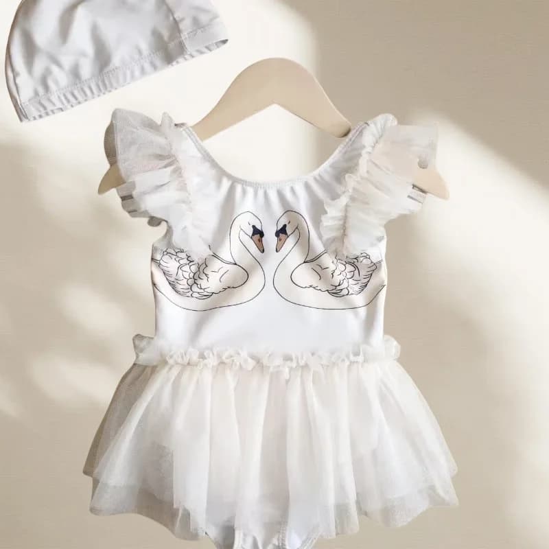 Baby Girl Swan Cherry Sling Swimwear Baby Girl Swan Cherry Sling Cute Swimwear Quick-drying Solar Protection Swimwear with Hood H8126