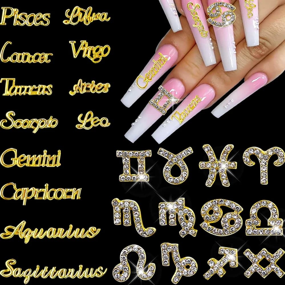 24 Pezzi Ciondoli per Unghie Zodiaco in Lega d'oro 12 Pezzi Segni zodiacali Borchie per Unghie 12 Pezzi Parole della Costellazione Ciondoli per Unghie Dodici Costellazioni