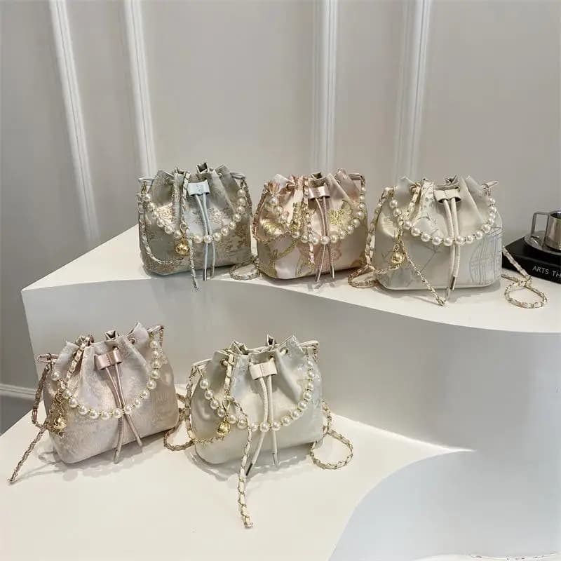 Chinese Style Ladies Shoulder Handbag, Luxury Pearl Crossbody in Fashion Bucket Design