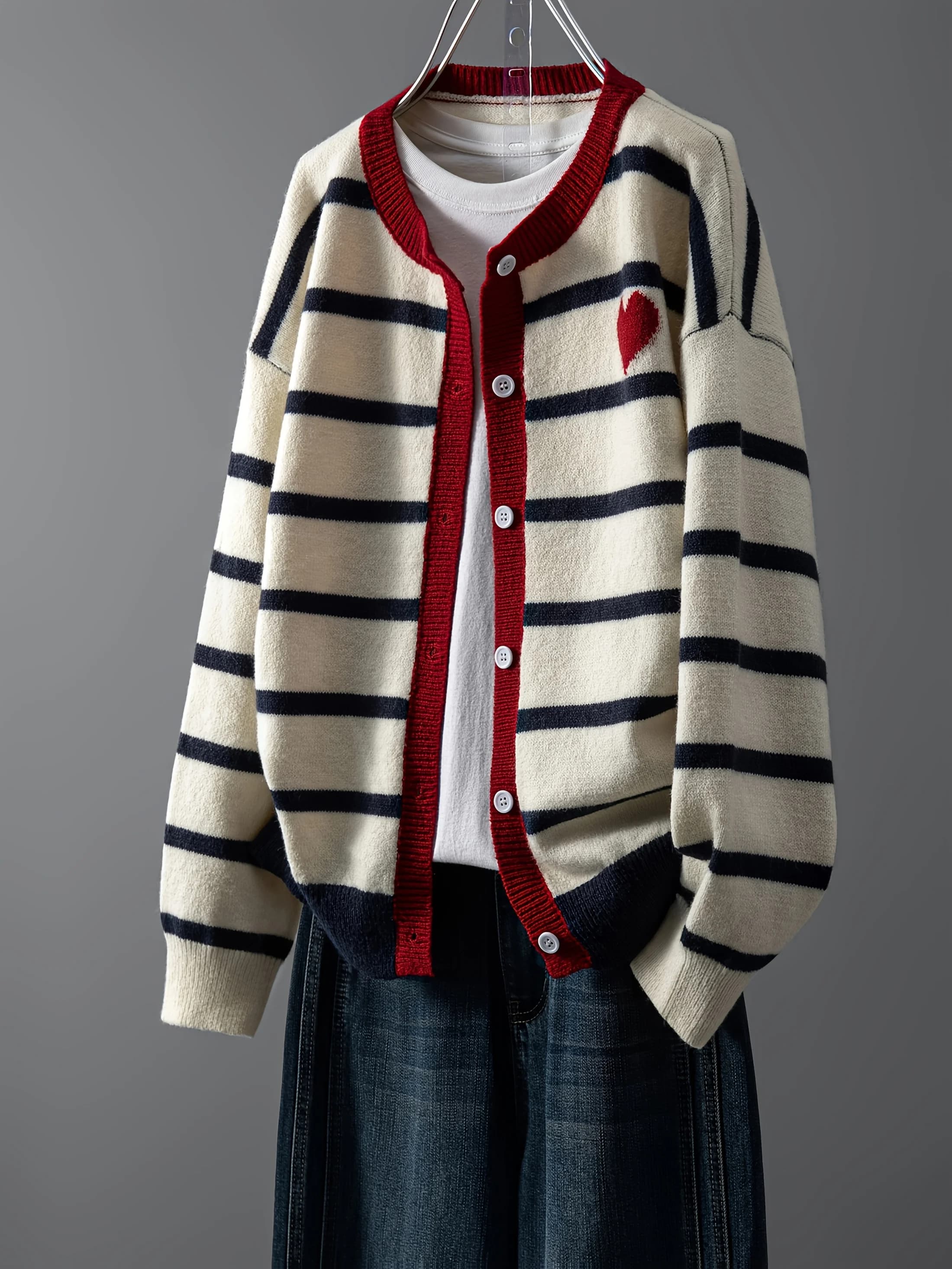 Cardigan a Righe con Bottoni per Donna, Giacca Lavorata a Maglia con Motivo a Cuori, Abbigliamento Casual alla Moda