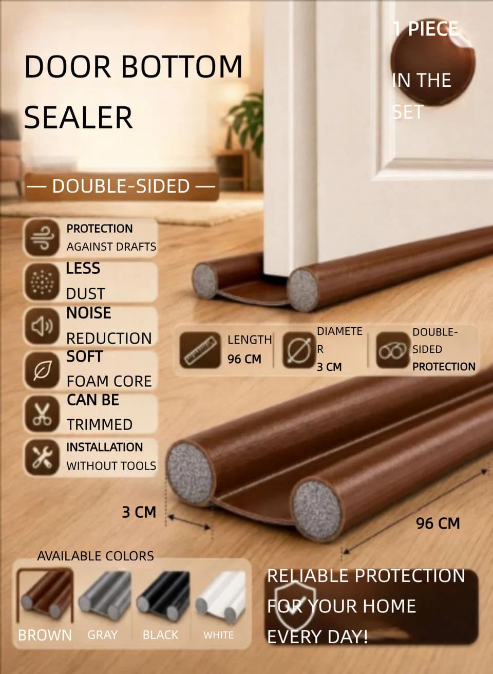Double-Sided Door Bottom Seal Strip 1PC, Self-Adhesive Weather Stripping, Soundproof Thermal Draft Stopper, No Drilling