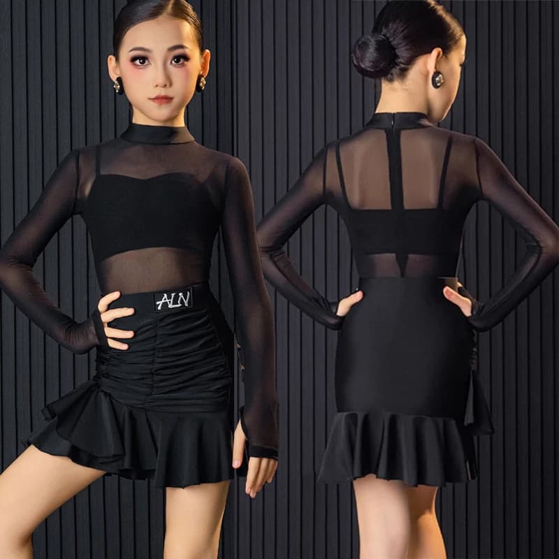Completo da Ballo Latino Nero per Bambine, Set da Allenamento Autunno Inverno, Nuovo Abito Professionale da Danza con Gonna Lunga
