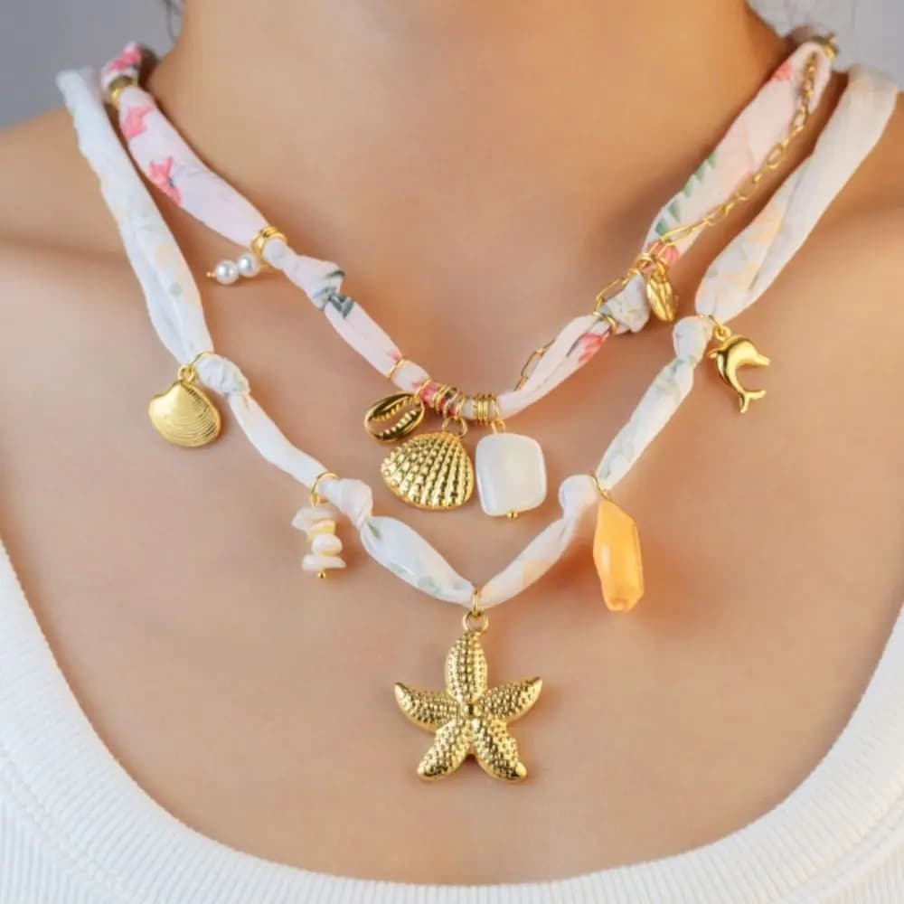 Collana a Catena con Sciarpa Floreale Personalizzata, Stile Etnico, Ciondoli a Forma di Organismi Marini, Girocollo in Corda di Nylon, Accessori Gioiello con Perline