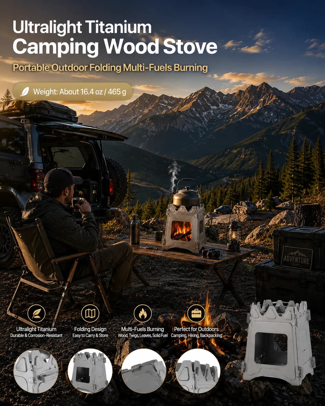 Ultralight Titanium Camping Wood Stove Portable Outdoor Folding Multi-Fuels Burning Weight