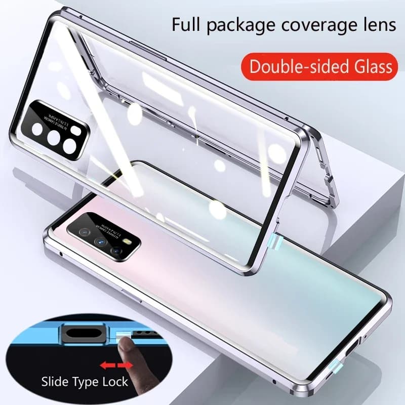 Custodia Protettiva Magnetica in Metallo con Chiusura a Scatto per Honor X5Plus X6S X7C X7D X8A X9A X9B X9C Smart X9D, Cover in Vetro a Doppia Faccia