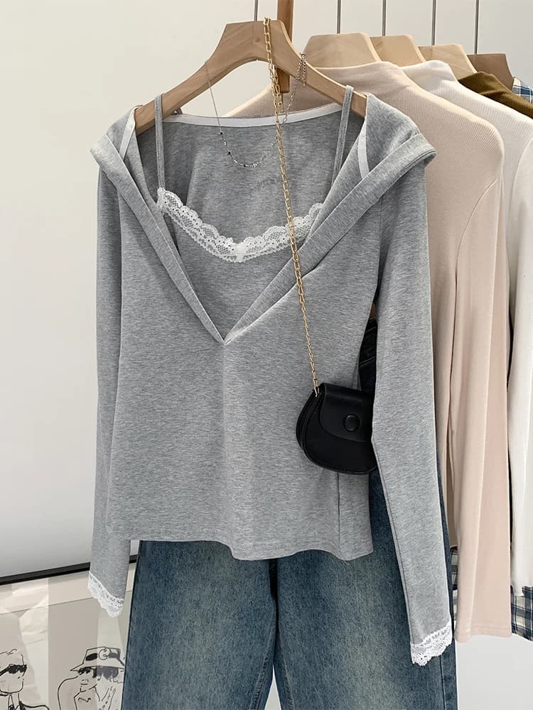 Lace Trim Halter Neck Long Sleeve Hoodie Women's T-Shirt Spicy Girl Spring Autumn New Design Korean Style Slim Fit Cotton Blend