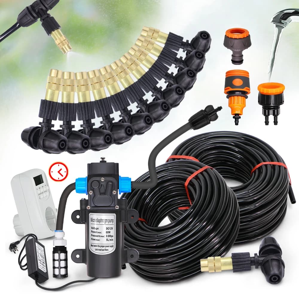 30-5M garden 4/7mm nozzle pipe brass spraying system cooling system 45/60/80/100W self-adhesive pump spraying kit for greenhouse