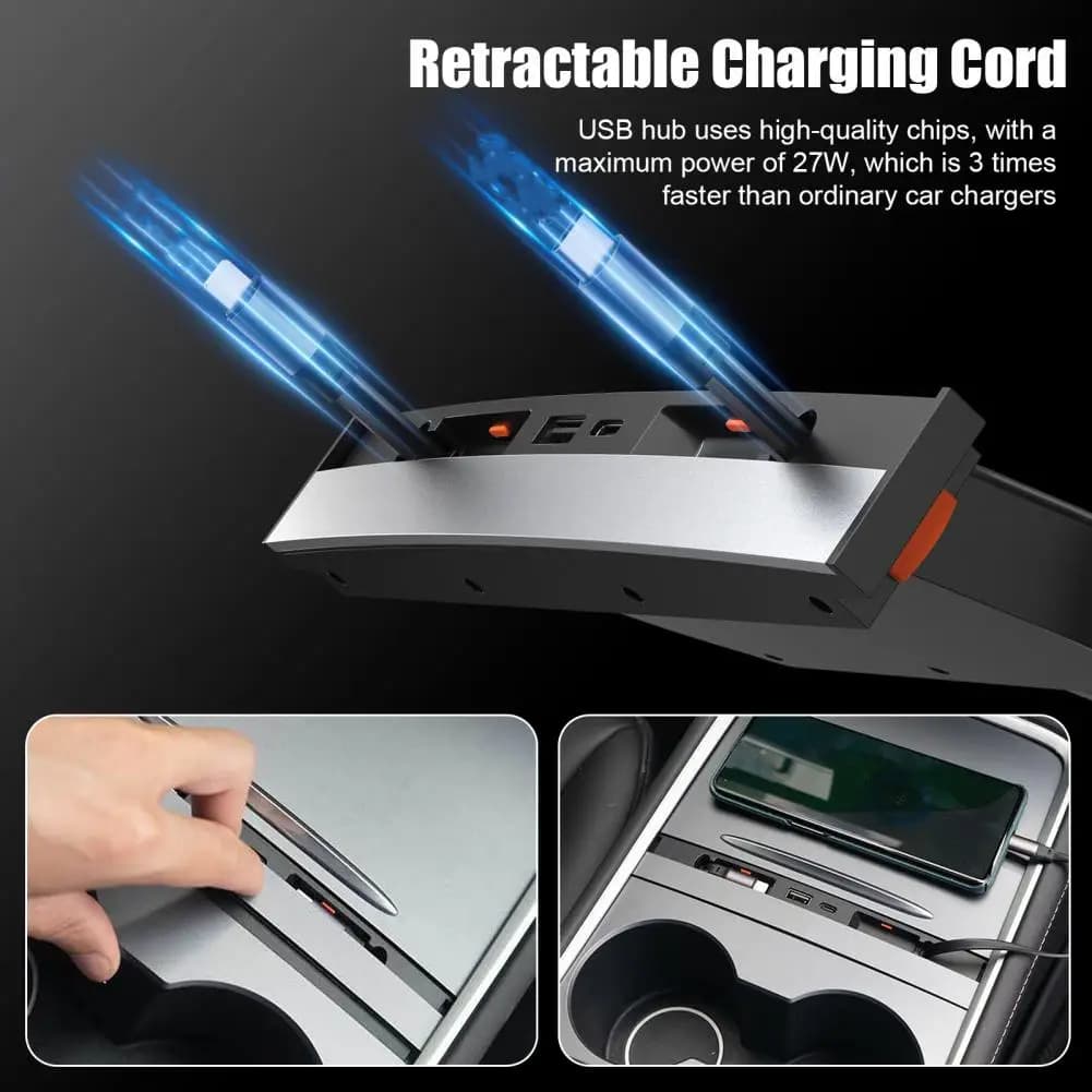 Docking station per auto con 4 interfacce di ricarica rapida Cavo retrattile Caricatore rapido da 27 W Hub USB impermeabile per Tesla Model 3/Y