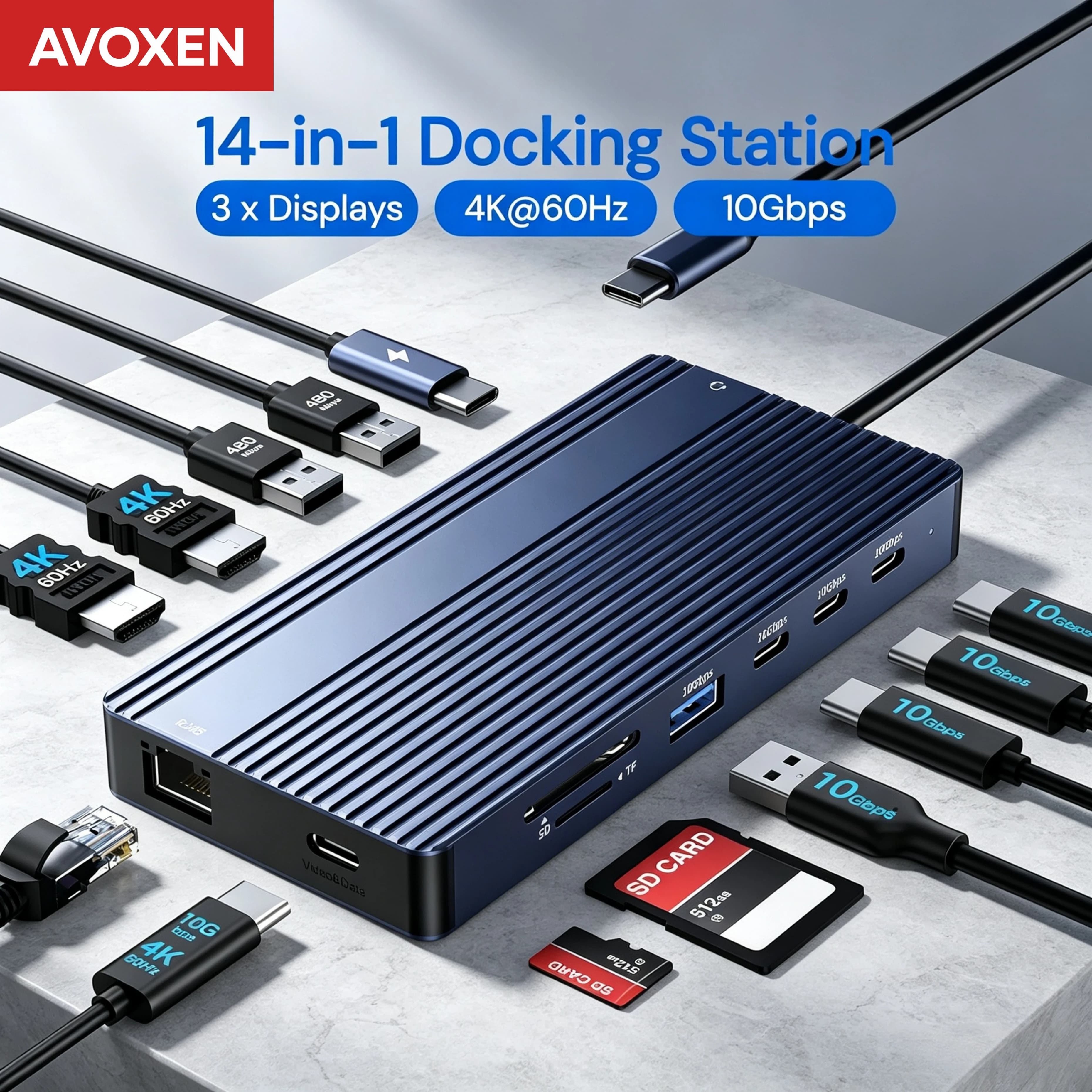 Docking station USB C Double Monitor Displayport 2x HDMI 4K 60Hz RJ45 Audio 3.5 mm PD 100 W 10 Gbps Card reader SD TF for Laptop
