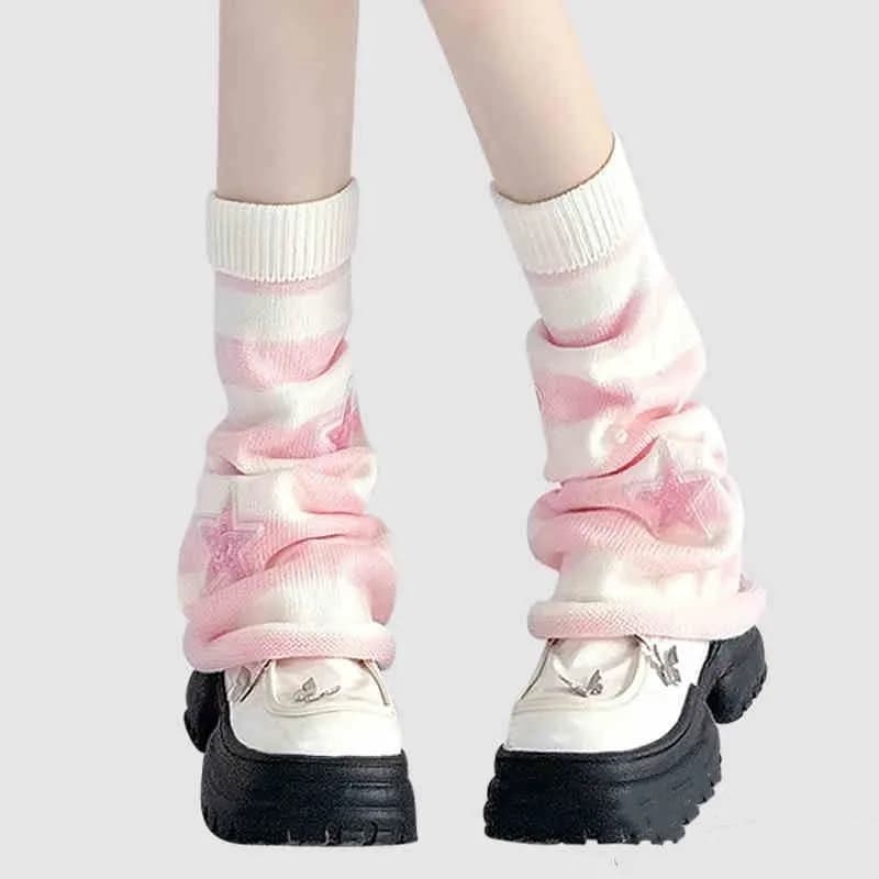 Y2K Striped Leg Warmers Star Rhinestone Knit Long Socks, Harajuku Slouchy Boot Cuffs for Streetwear Outfits