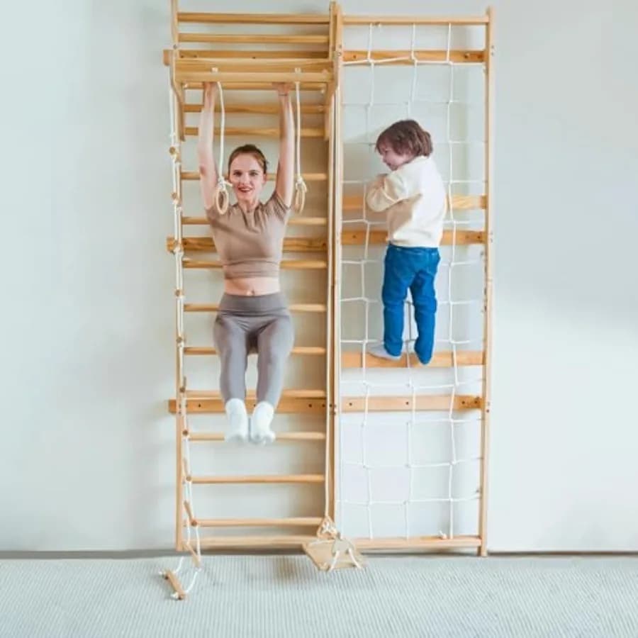 Gym Indoor 5-in-1 per Adulti con Scala Svedese, Arrampicata a Parete, Scala a Corda, Barra per Trazioni e Scivolo, Montaggio a Parete, Nero 7