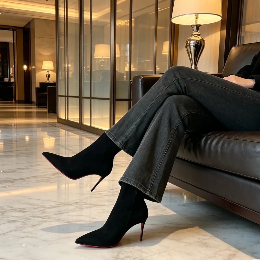 Women's Stretch Stocking Boots Pointed Toe Ankle Boot Stiletto Heels Autumn Winter Nude Red Sole Single Slim Fit Botas Suede New