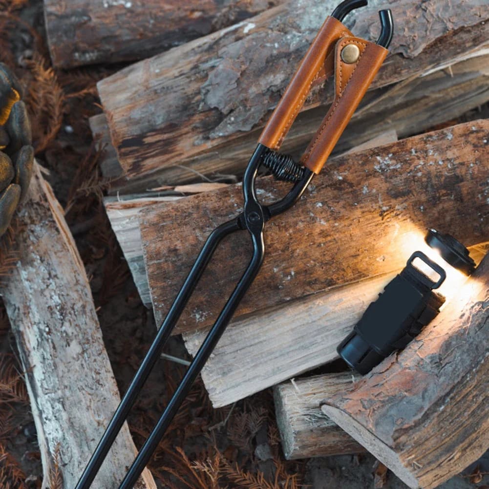 Carbon steel fire pliers for heavy duty, for camping, barbecue, firewood, tool with leather handle, firewood clamp