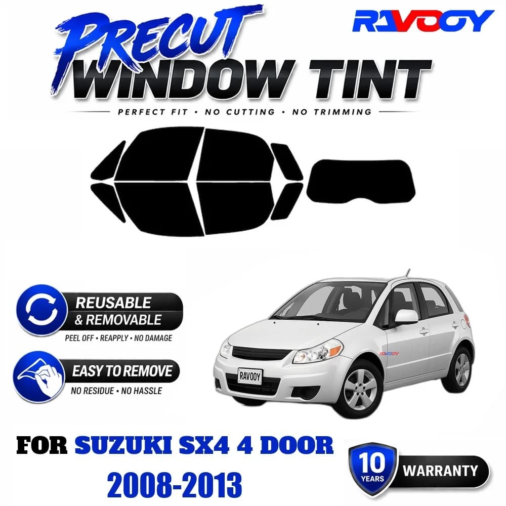 RAVOOY Precut Window Tint, Reusable Removable EPU Film, Custom Fit for Suzuki SX4 4 Door 2008-2013, UV Heat Protection