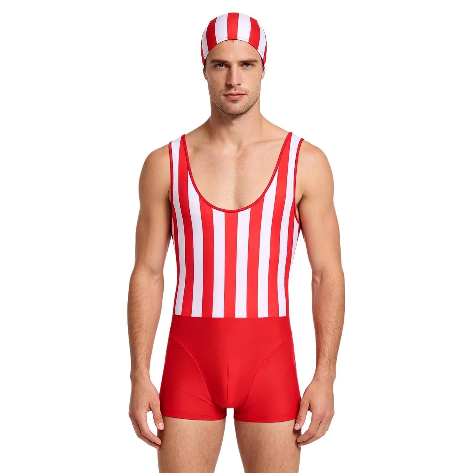 Costume da bagno intero da uomo a righe, ad asciugatura rapida, senza maniche, con cappuccio, per sport e fitness, con pantaloncini integrati