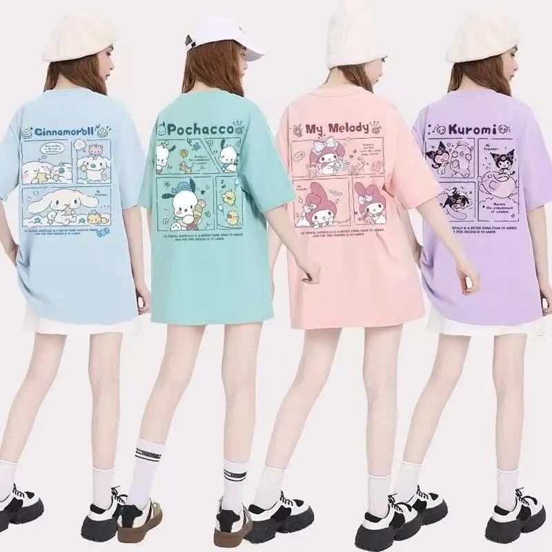 Nuova maglietta Sanrio Kuromi Pochacco Cinnamoroll stampata con motivo Dopamine, simpatica maglietta a mezza manica, versatile, kawaii, regalo per coppie