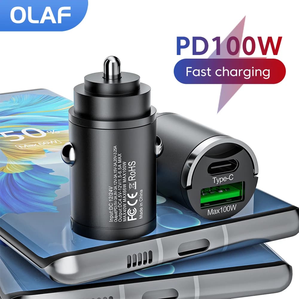Olaf Mini 100W PD QC Pull Ring caricabatteria da auto a ricarica rapida adattatore per caricabatterie per telefono da auto USB C per iPhone 13 12 Xiaomi Samsung Huawei