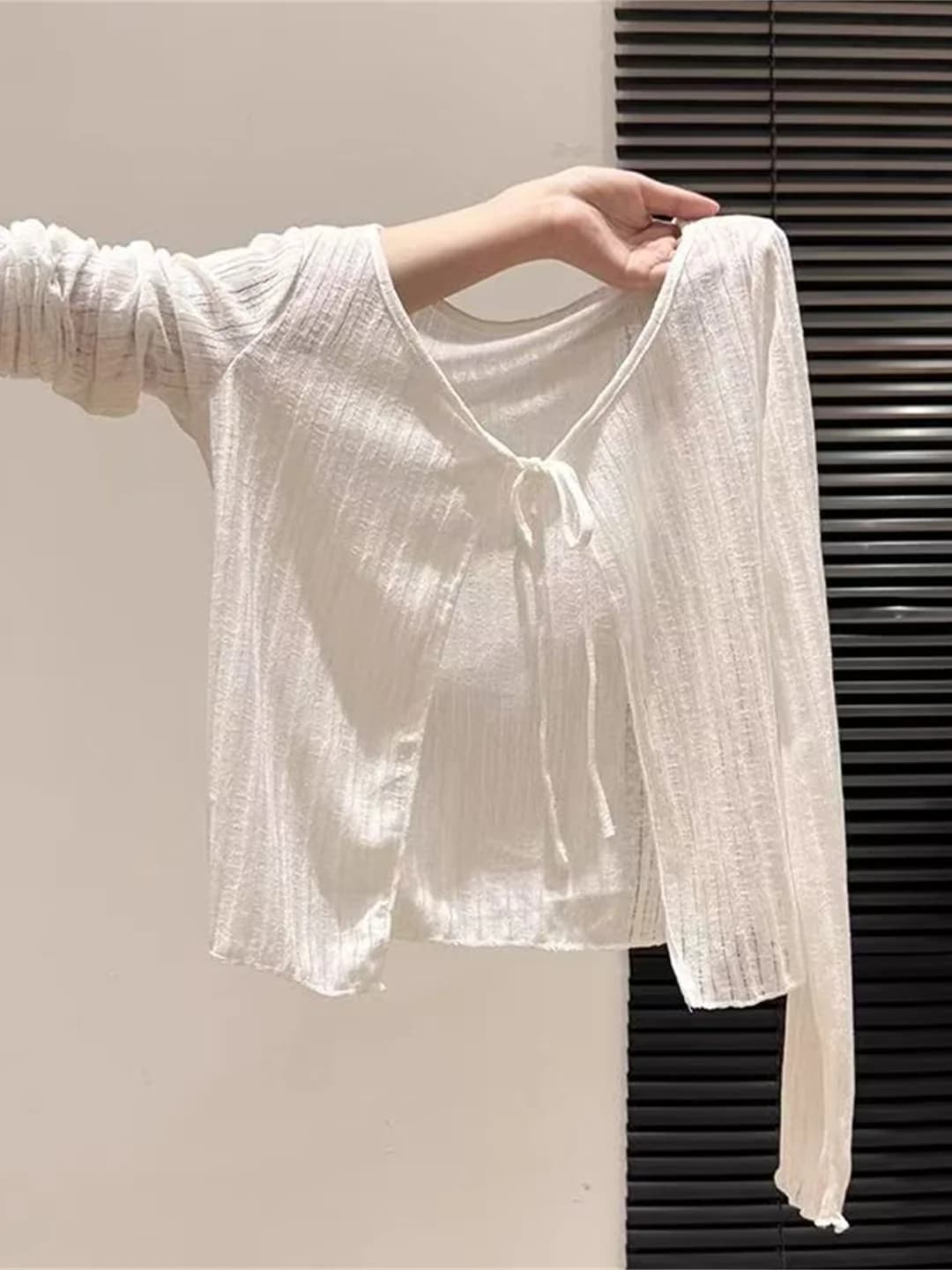 White Thin Hollow out Belted Summer Knitted Open Cardigan Women's Loose Short Outerwear Top Korean Style UV Protection