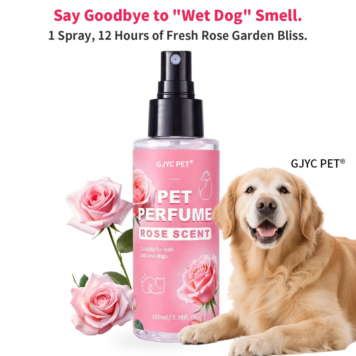 Profumo per Animali Domestici al Profumo di Rosa, Deodorante Spray Naturale a Lunga Durata per Cani e Gatti, Senza Alcool, Elimina Odori, Spray Delicato e Sicuro per la Toelettatura