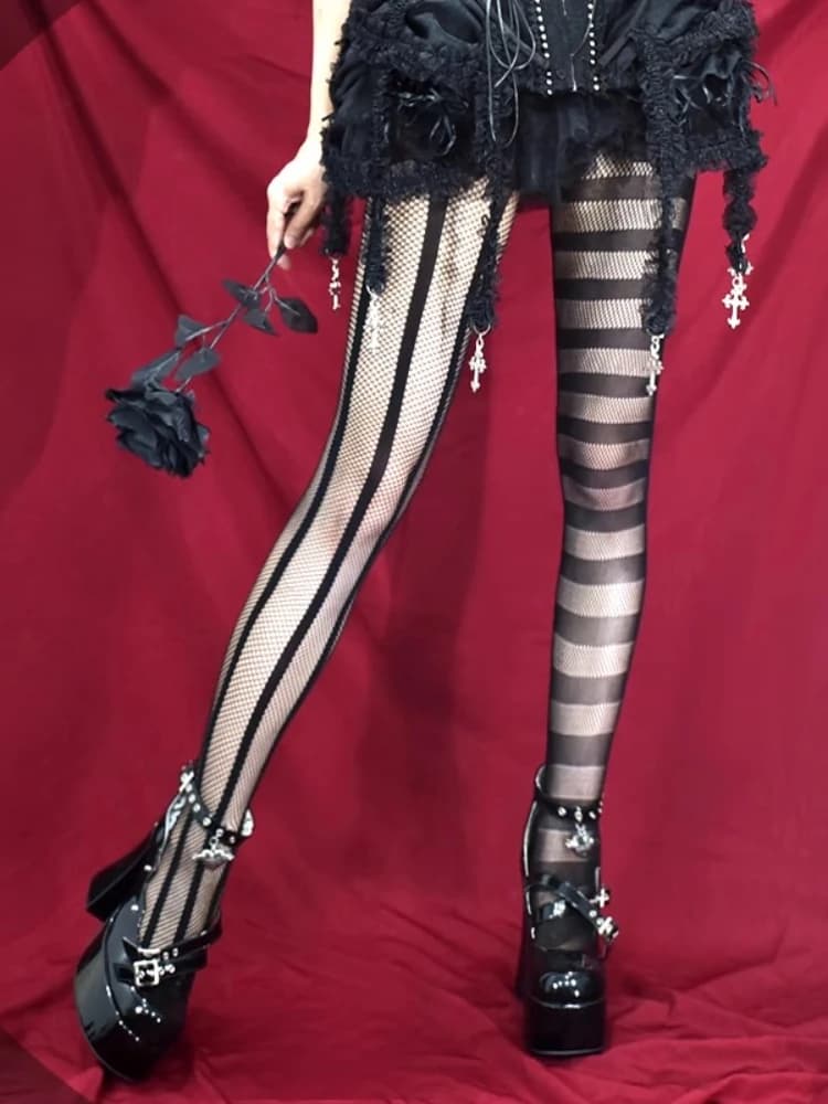 Collant sexy stile punk scuro gotico vintage Goth Lolita uniforme a righe AB asimmetrico scava fuori collant a rete donna estate