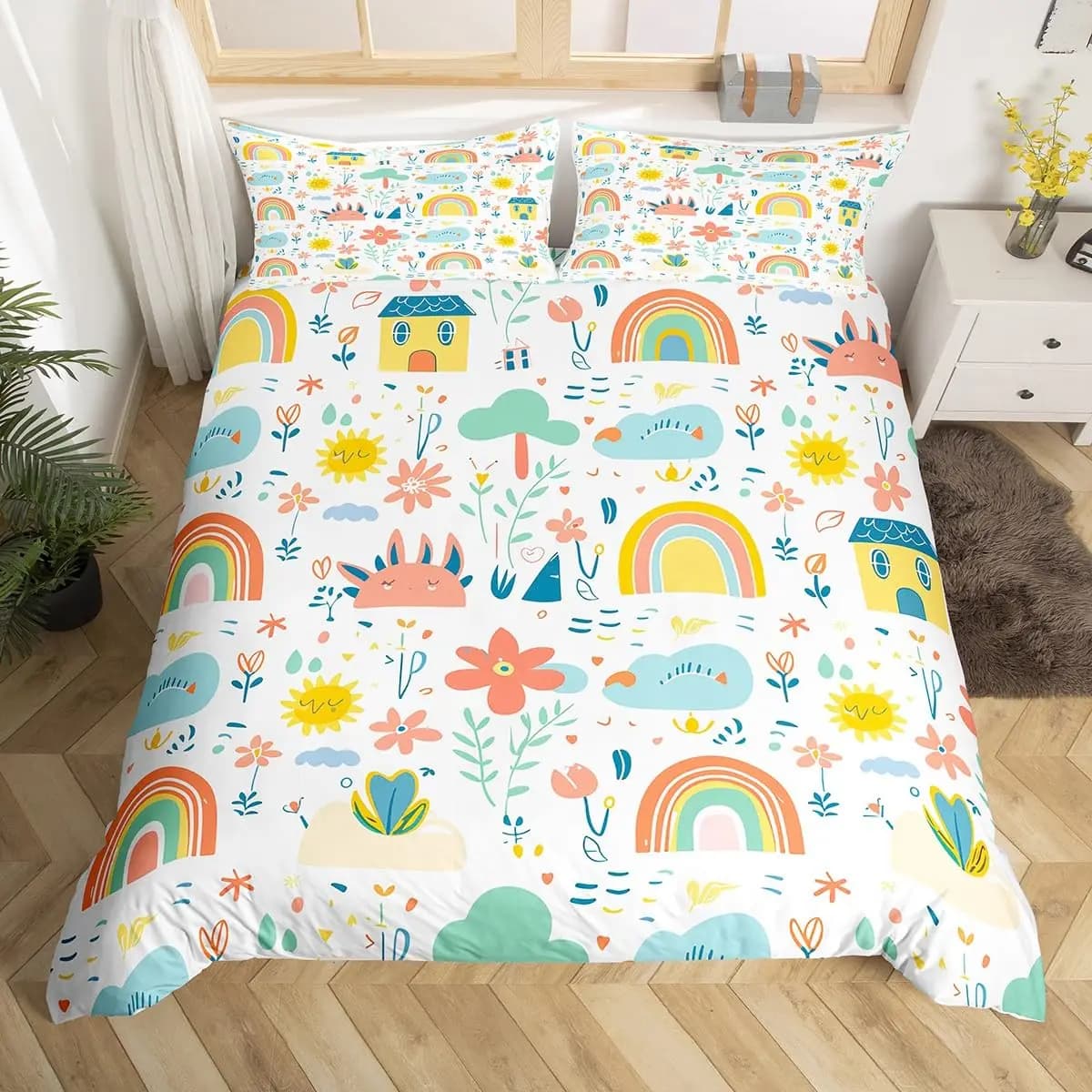 Cute Rainbow Bedding Set 3D Printed Cartoon Duvet Cover Set Soft Single Twin Double Queen King Size Birthday Gift For Girls