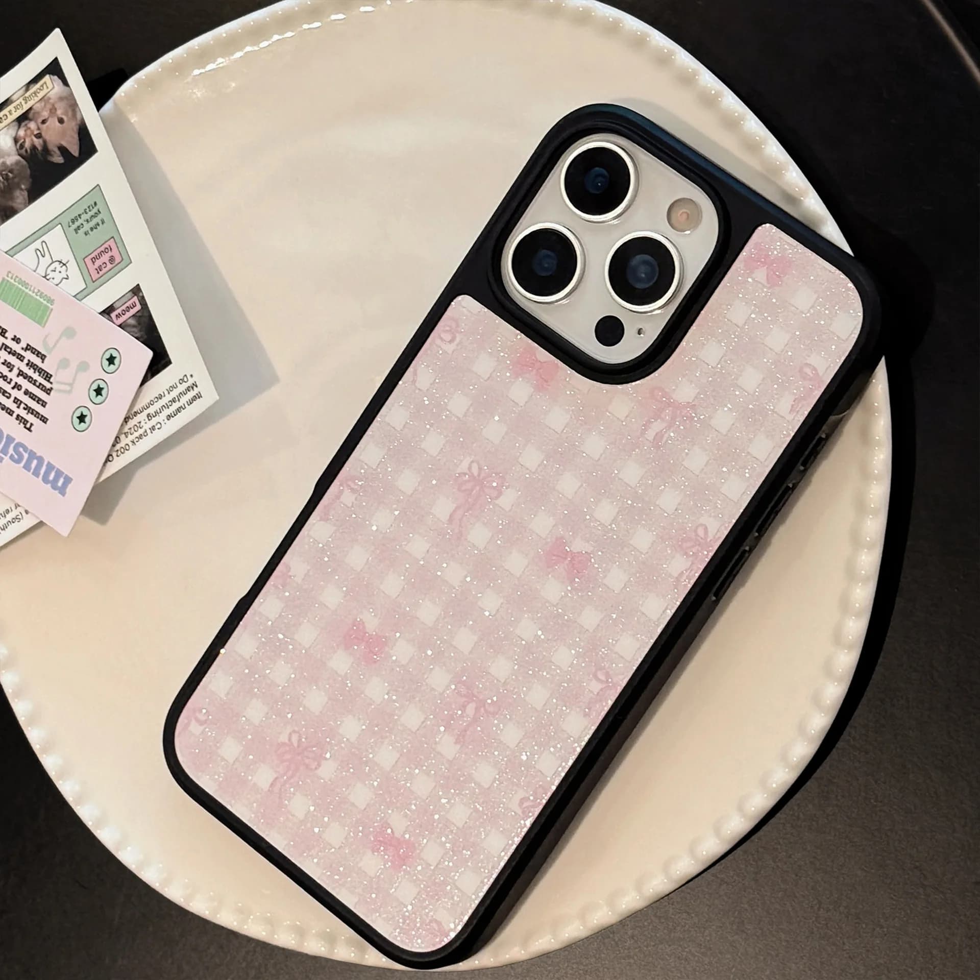Corea Cornice Nera Rosa Bowknot Griglia Modello Glitter Cassa Del Telefono Per iPhone 16 15 14 12 13 Pro Max Anti-Goccia Protettiva Duro copertura