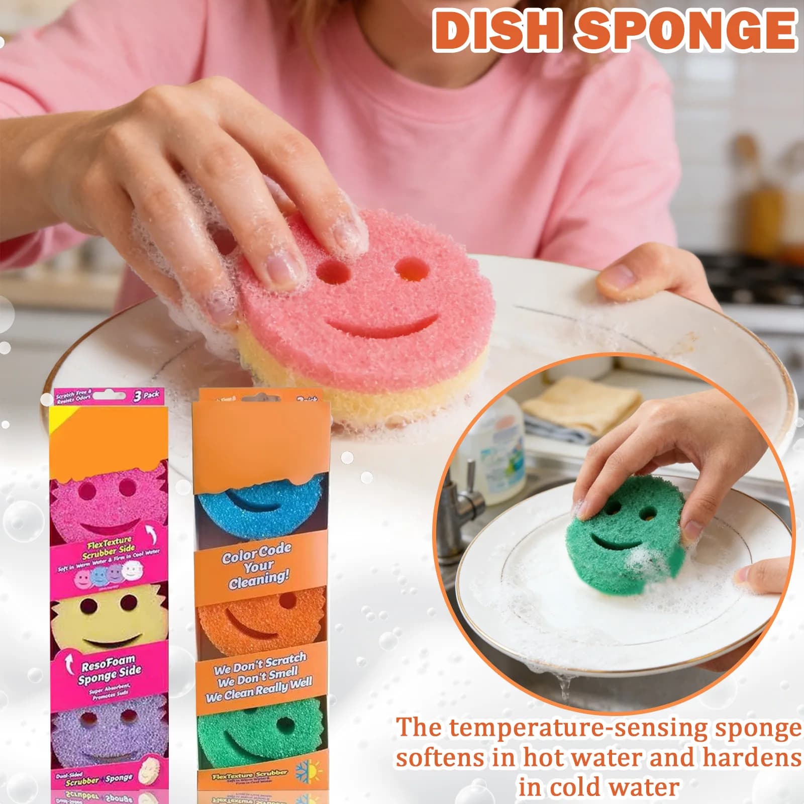 Nuovo Set di 3 Spugne Multifunzionali per Pulizia, Spugne da Cucina Sensibili alla Temperatura, Spugne per Piatti Anti-Graffio e Anti-Odore