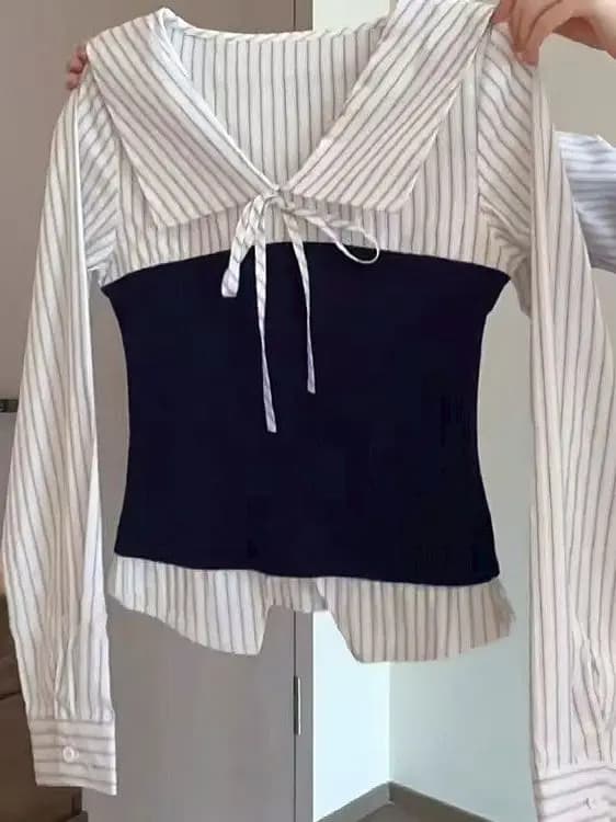 Slim Fit Color Block Shirt Women's Stand Collar Long Sleeve Spring New Design Belted Versatile Top French Style Fuyisan Brand