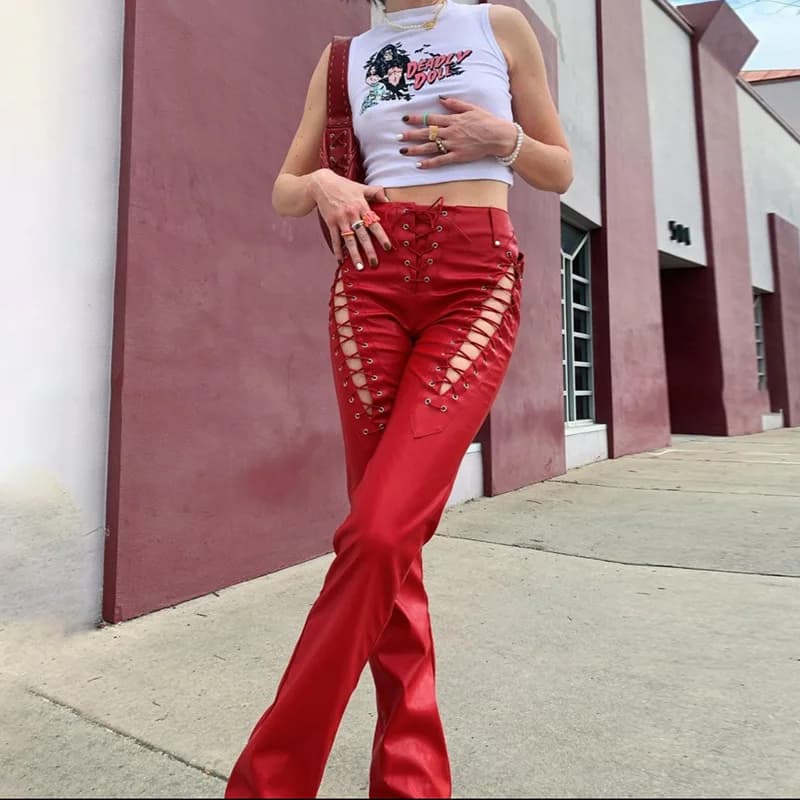 Women Leather Pant Hollow Out Elegant Slim Fit Pencil Pants Lace Up High Waist Splice Trousers Solid Bandage Streetwear Pocket