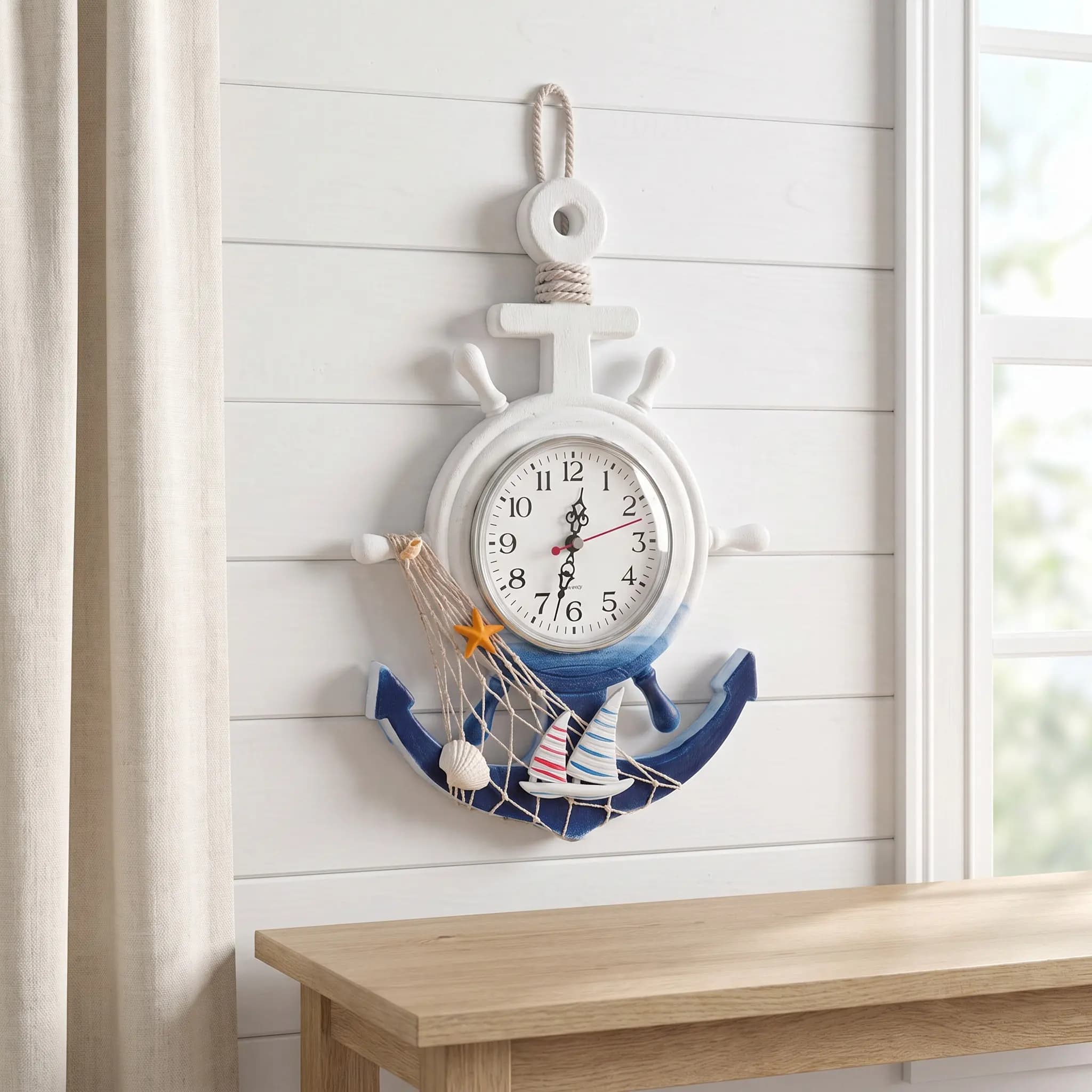 Wooden Plastic Boat Anchor Wall Clock Mediterranean Style Hanging Clock Decorative Mirror Surface for Bedroom Living Room