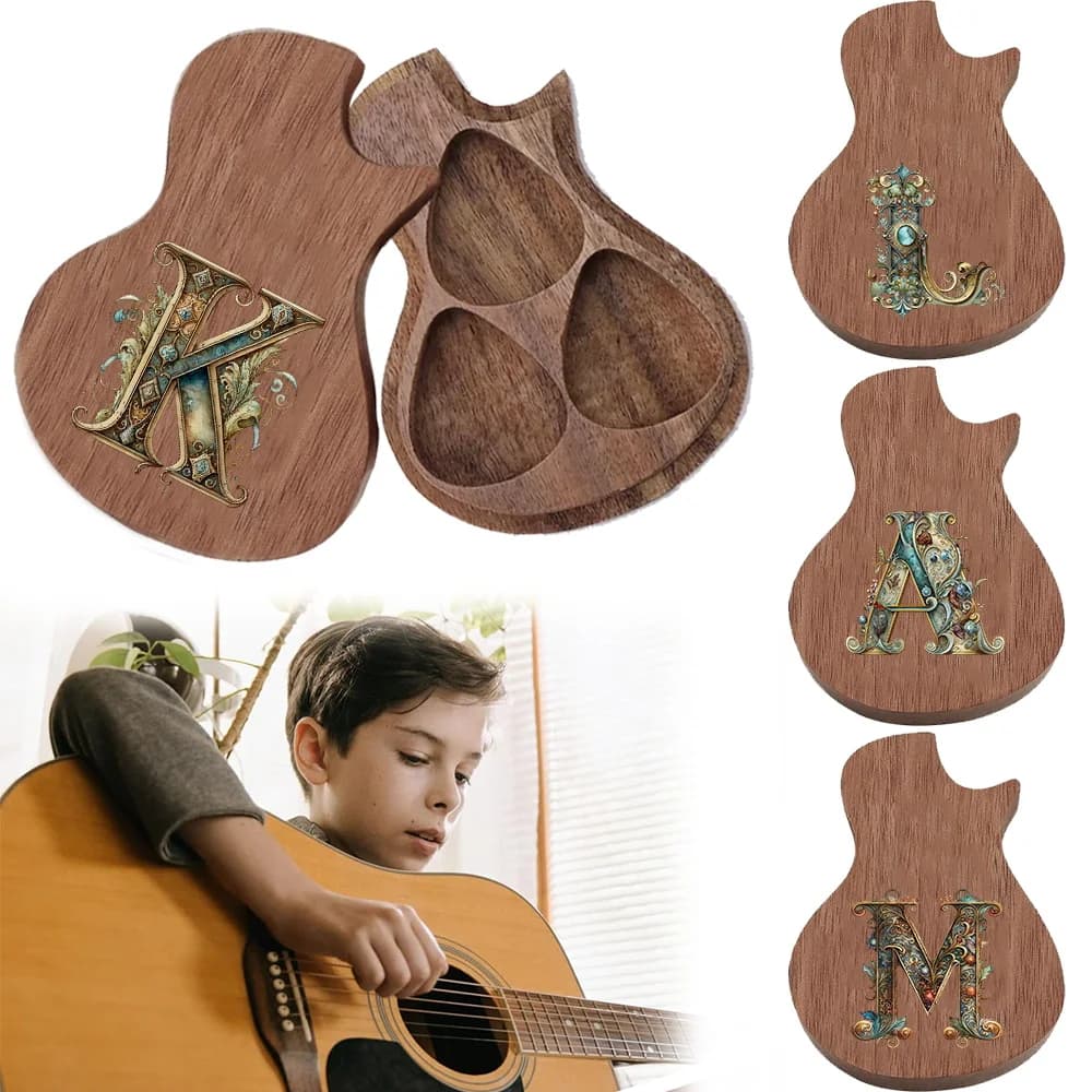 Scatola porta plettri per chitarra con lettere grafiche, aspetto classico, adatta per collezionisti, custodia con iniziali, 26 lettere, motivo a lettere.