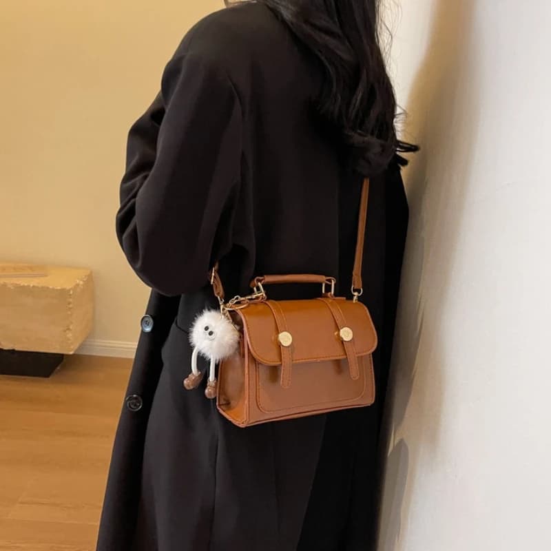 Chic Vintage Handbag with Cute Plush Ball Charm Gold Button Detail Crossbody Bag Faux Leather Shoulder Purse for Women Tote Bag