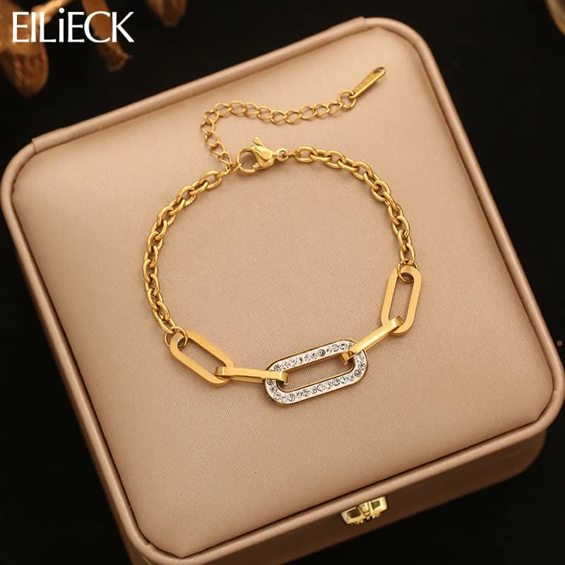 EILIECK Bracciale da Donna Trendy con Strass e Catena a Maglie Ovali, Placcato Oro 18K, in Acciaio Inossidabile Anti-Sbiadimento, Gioiello Classico, Idea Regalo