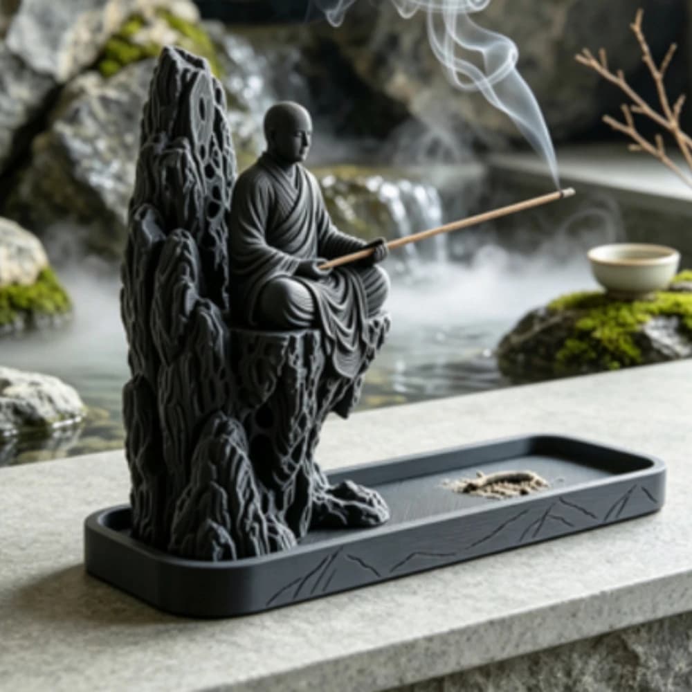 Mountain Monk Stick Incense Holder 3DPrinted Incense Burner Tray Mountain Cliff Monk Figurine Censer for Tea Room Oriental Decor